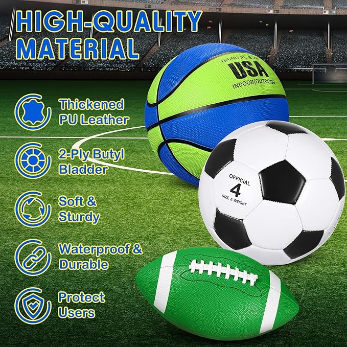 Libima 3 Pcs Sports Ball Set for Kids Teens Include Official Size 5 Basketball 4 Soccer 6 Football with Pump and Carry Bag Training Practice Sport Gift for Kids Teens Back to School