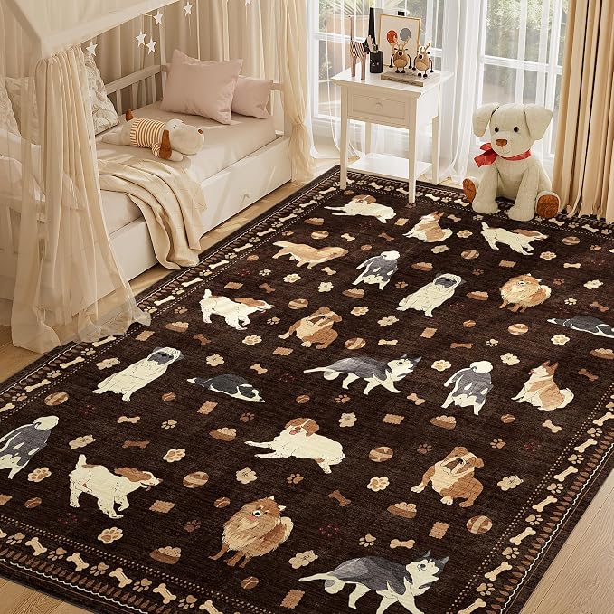DUKINO 8x10 Area Rug, Washable Dog Rugs for Living Room Soft, Brown | Non Slip, Low Pile, Non-Shedding, Stain Resistant Animal Carpet for Bedroom Dining Room Nursery Farmhouse, Pet & Kid Friendly