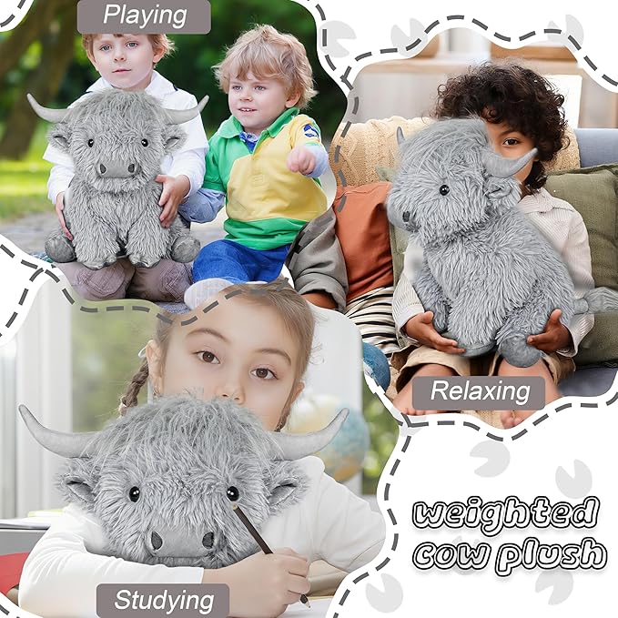 Highland Cow Weighted Stuffed Animals, 4 Lbs Grey Highland Cow Plush 13.7 Inches, Surprise Weighted Stuffed Animals Gift for Kids Birthdays, Halloween, Christmas (Grey)