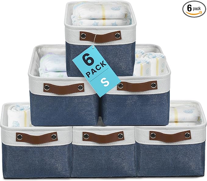 OrganiHaus 12x8in Canvas Storage Baskets, 6 Pack - Fabric Bins for Shelves | Vegan leather handles; a decorative pantry and office organizer, container for desk and books