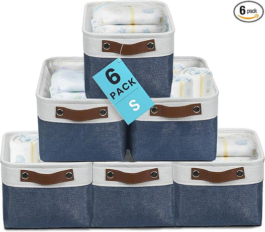 OrganiHaus 12x8in Canvas Storage Baskets, 6 Pack - Fabric Bins for Shelves | Vegan leather handles; a decorative pantry and office organizer, container for desk and books