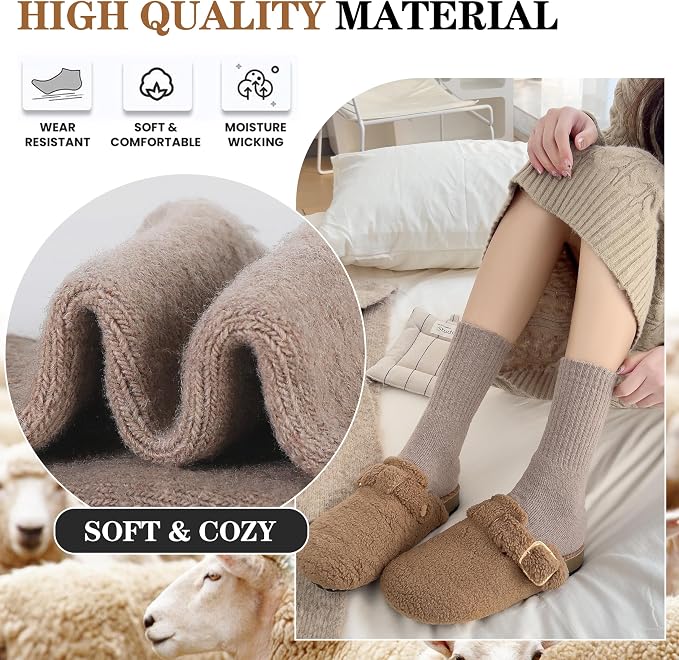 MOGGEI 5 Pairs Womens Merino Wool Socks Hiking Warm Winter Thick Thermal Crew Cozy Cabin Ladies Gift Comfy Boot Work Socks