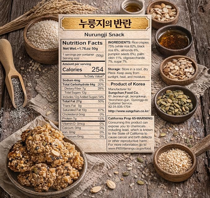 BBASA-KHAN Korean Nurungji Rice Snack, Crisp Rice Bites with Nuts, Ready to Eat, Travel Snack or Light Dessert, Casual Sharing, 1.76 oz (50g), 3 Pack