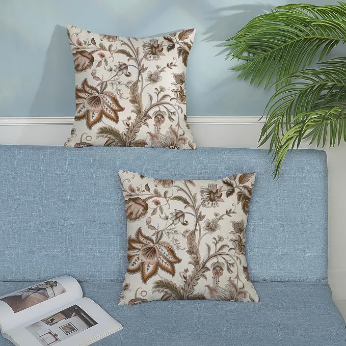 Brown Pillow Covers 16x16 Set of 2 Brown Chinoiserie Floral Throw Pillows Boho Vintage Flowers Decorative Pillow Cases Outdoor Chinoiserie Decor Farmhouse Linen Cushion Cover for Couch Sofa
