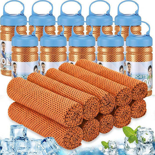 Honoson 10 Pcs Cooling Towels for Neck and Face, 47"x12" Sports Breathable Ice Towels Microfiber Chilly Sweat Rags with Portable Bottle for Gym Golf Athletes Yoga Workout Hot Weather (Orange)