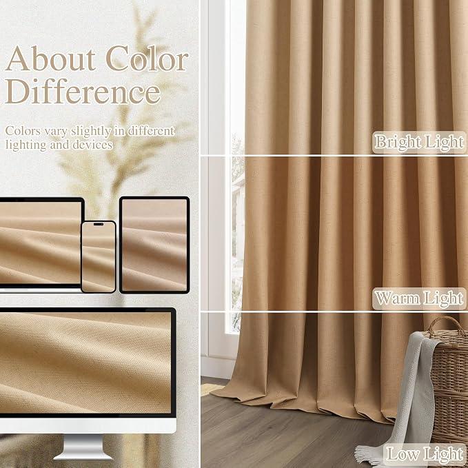 Guken 100% Blackout Linen Curtains 80 Inch Length 2 Panels Set for Living Room Bedroom Back Tab Thermal Insulated Black Out Linen Drapes Room Darkening Window Curtains,Camel Brown