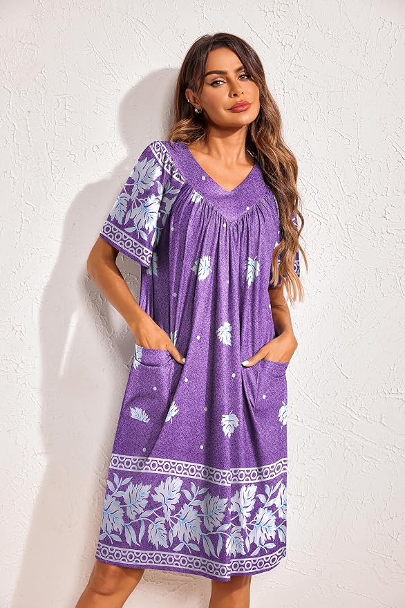 Ekouaer Womens House Dress Floral Print Nightgown with Pockets Mumu Dress
