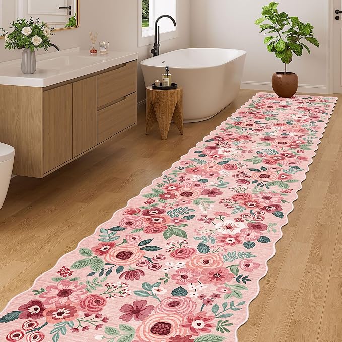 DUKINO 2.6x12 Washable Runner Rug, Floral Non Slip Long Kitchen Rug, Pink | Low Pile, Stain Resistant, Soft Throw Rugs Runner for Hallway, Entryway, Bedroom, Bathroom, Modern Home Decor, Non-Shedding