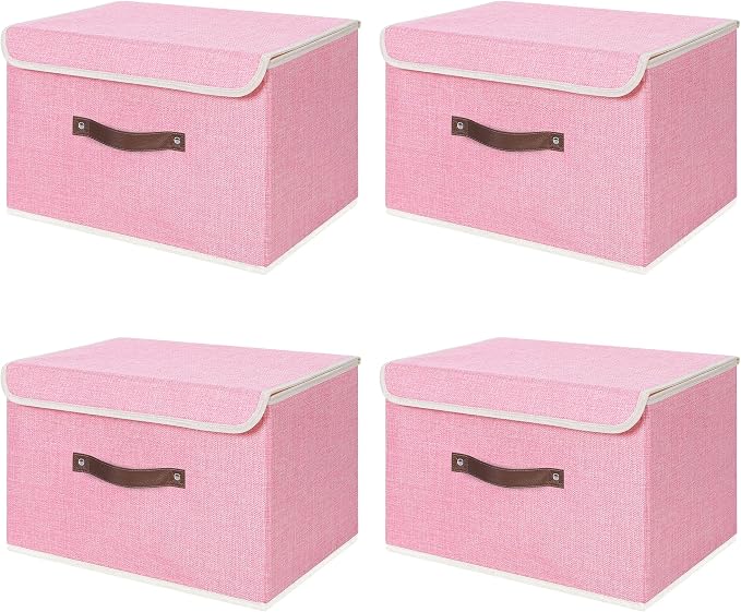 ANMINY Fabric Storage Box Bins with Lids, Pink, 13"x9"x7.9", 4 Pack | Keepsake Memory Storage, Cotton Linen, PP Board Reinforced, Washable, PU Handles, Foldable & Stackable, Decorative, Medium