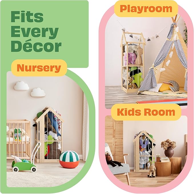 Stuffed Animal Zoo Storage Cage | Wooden Plush Tower Storage | Durable Plush Toy Stuffie Holder | Vertical Jail Organizer with Height Ruler, Stickers & RGB Light (Small)