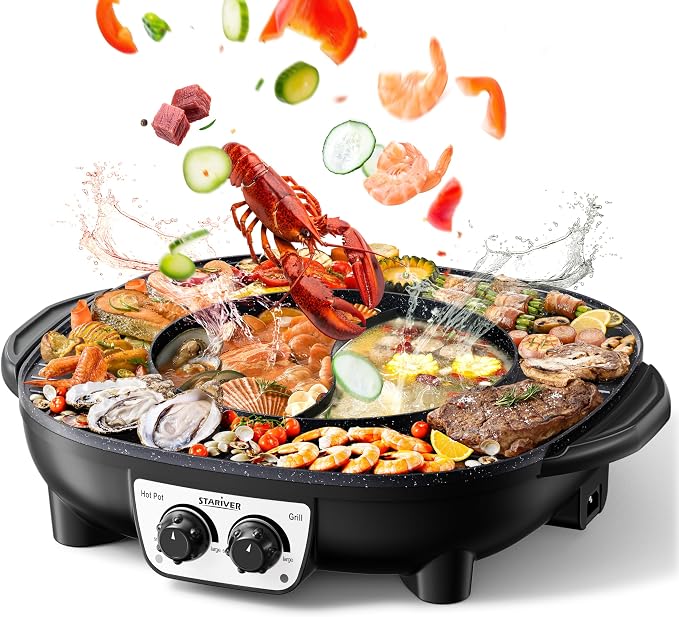 Stariver Hot Pot Electric with Grill 2 in 1, Korean BBQ & Shabu Shabu Pot | Smokeless Indoor Grill, Non-Stick, 1800W Fast Heating, Dual Temp Control, Perfect for Family Dinner, Friends Party, Holiday