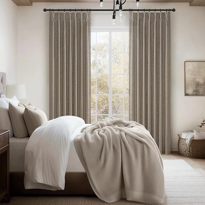 Memory Shape Pinch Pleated 86 Inch Curtains 2 Panels Set for Living Room, Dark Flax Natural Linen Semi Sheer Light Filtering Privacy Sliding Glass Door Boho Viral Window Curtain 40"W x 86"L Brown Burg