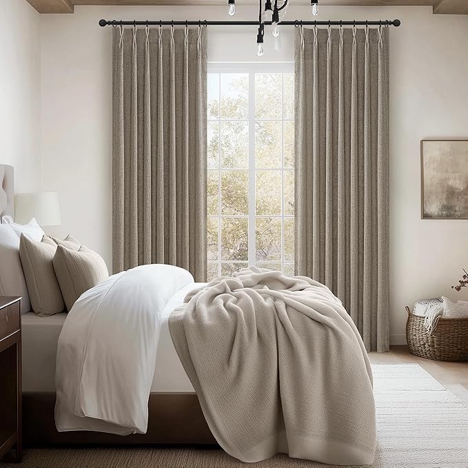 Custom Heavy Linen Pinch Pleated Kitchen 54 Inch Curtains 2 Panels Set, Dark Tan Boho Memory Trained Privacy Short Sheer Curtains Let The Light in Bedroom with Hooks Sunroom Flax Pleat Window Drapes