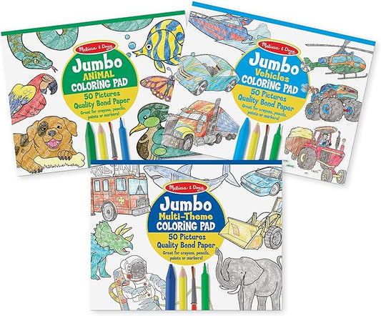 Melissa & Doug Jumbo 50-Page Kids' Coloring Pads 3-Pack - Animals, Vehicles, and Multi-Themed - FSC Certified