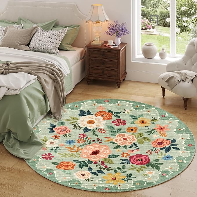 DUKINO 4ft Round Rug, Floral Washable Small Round Area Rug Non Slip, Green | Soft, Low Pile, Stain Resistant Indoor Circle Rug for Bedroom, Kitchen, Kids Room, Living Room, Pet Friendly, Home Decor