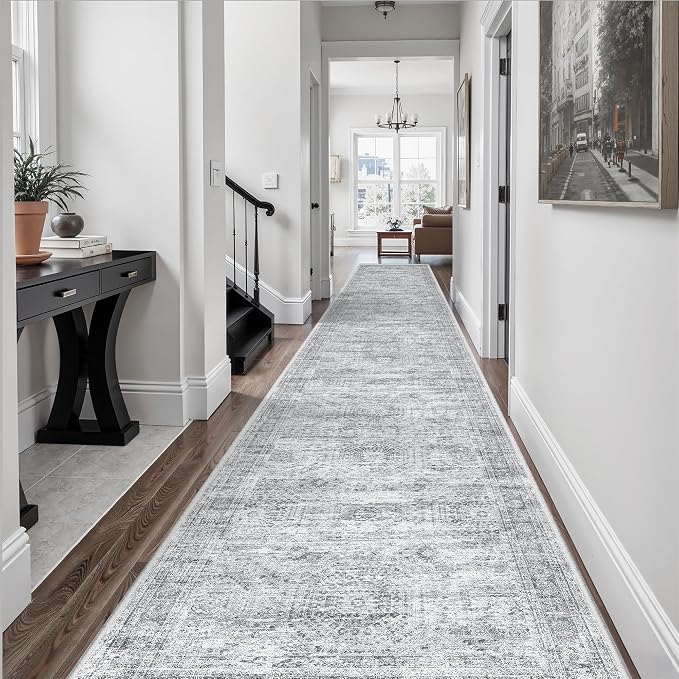 Soalmost Washable Hallway Runner Rug 3x14 Kitchen Entry Rugs Non-Slip, Grey | Vintage Long Runners 14ft for Bathroom Entryway, Foldable Low-Pile Wide Floor Carpet Mat for Corridor Living Room Bedroom