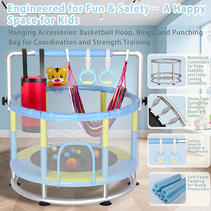 55" Kids Indoor Trampoline with Safety Net, Adjustable Gymnastics Bar & Toys – Indoor/Outdoor Toddler Play Gym for Boys & Girls Ages 3+, Birthday Gifts