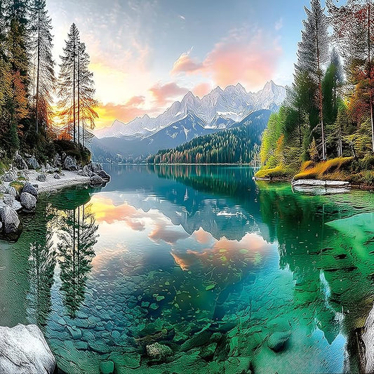 500 Pieces Jigsaw Puzzle for Adults Mountain Lake Landscape Beautiful Sunset Nature Scenery Jigsaw Puzzle with Letters on Back Family Seniors Challenge Game Nights Gift（20x20 inch）