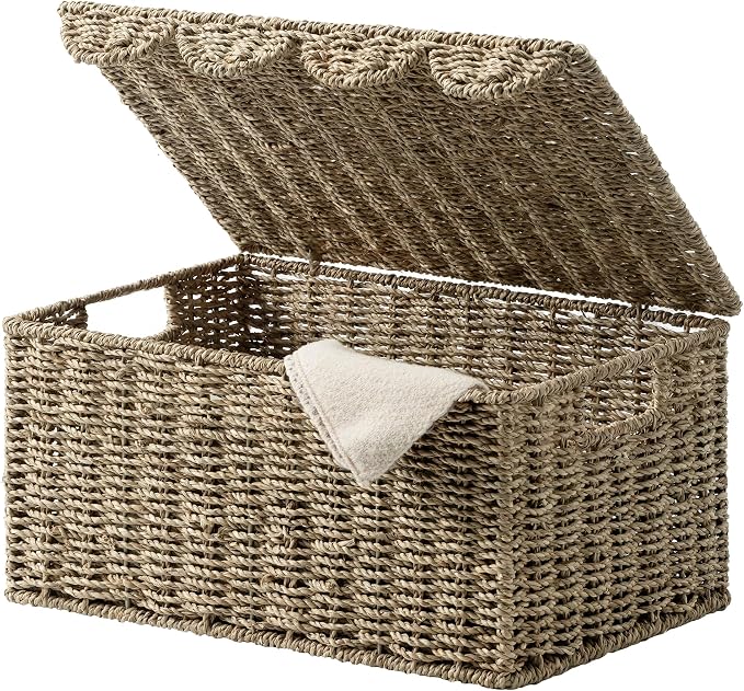 StorageWorks Scalloped Edge Wicker Basket, Seagrass Storage Baskets for Living Room, Bedroom, 15" L x 11 ¼" W x 7" H | Rattan Storage Baskets with Scalloped Edge, Basket with Lid Decorative Storage, Woven Wicker Basket for Living Room, Bedroom