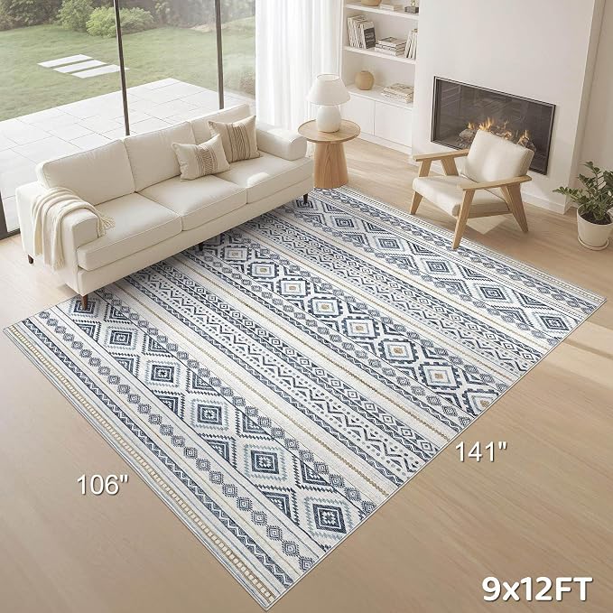 cotiled 9x12 Area Rugs Living Room Rug: Washable Boho Rugs with Non Slip Backing Large Soft Indoor Stain Resistant Carpet for Bedroom Farmhouse Dining Room Lightweight Home Decor Blue