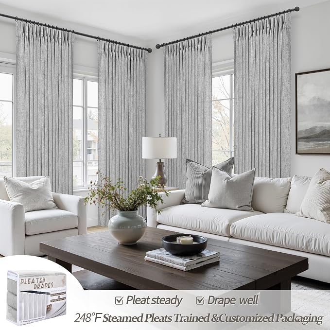 Linen Textured Sheer Light Grey Curtains 102 Inches Long for Dining Room 2 Panels Set, Pinch Pleated Gray Light Filtering Semi Through Curtain with Hooks Rings Living Room Window Drapes 40"W x 102"L