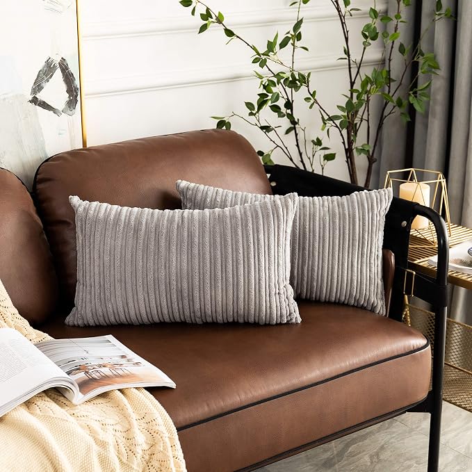 UGASA Pack of 2, Velvet Pillow Covers Striped, Soft Textured Throw Cushion Case Set, Accent Corduroy Lumbar Pillowcases with Hidden Zipper for Home Decor Indoor Outdoor (12"x20", Light Grey)