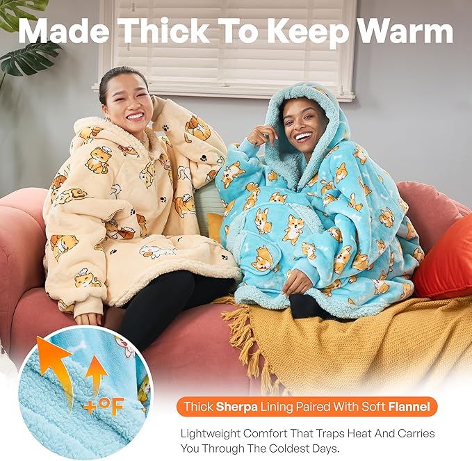 Giggling Getup Wearable Blanket Hoodie for Adults Gifts for Teen Girls Sister Women Sherpa Fleece Printed Hooded Blanket Sweatshirt Warm Cozy with Pocket & Sleeves Blue Corgi