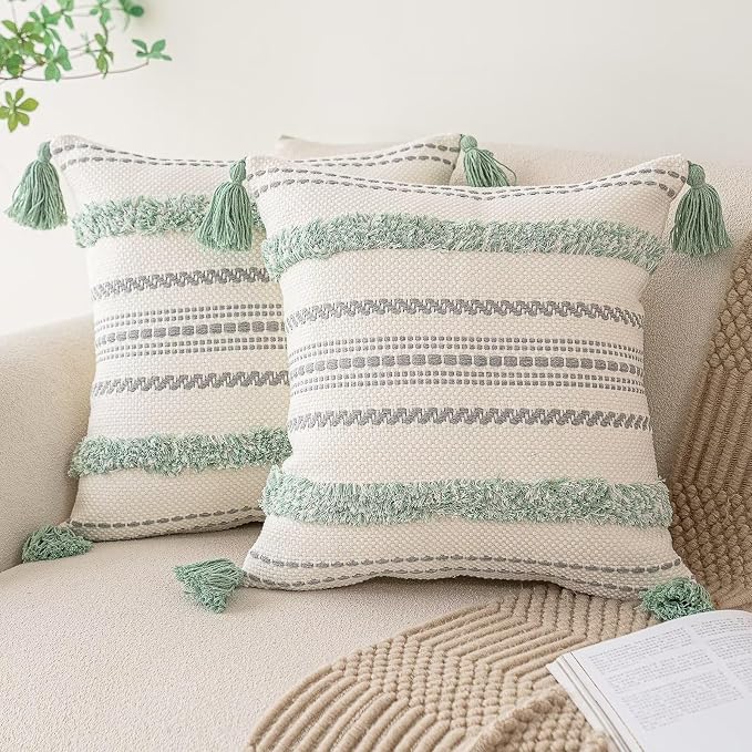 BUIOVBEY Boho Throw Pillow Covers Woven Tufted Pillow Cases with Tassels | Farmhouse Pillow Covers 18x18 Set of 2 Textured Striped Cushion Case Neutral Decorative Pillowcase for Sofa Couch Light Green