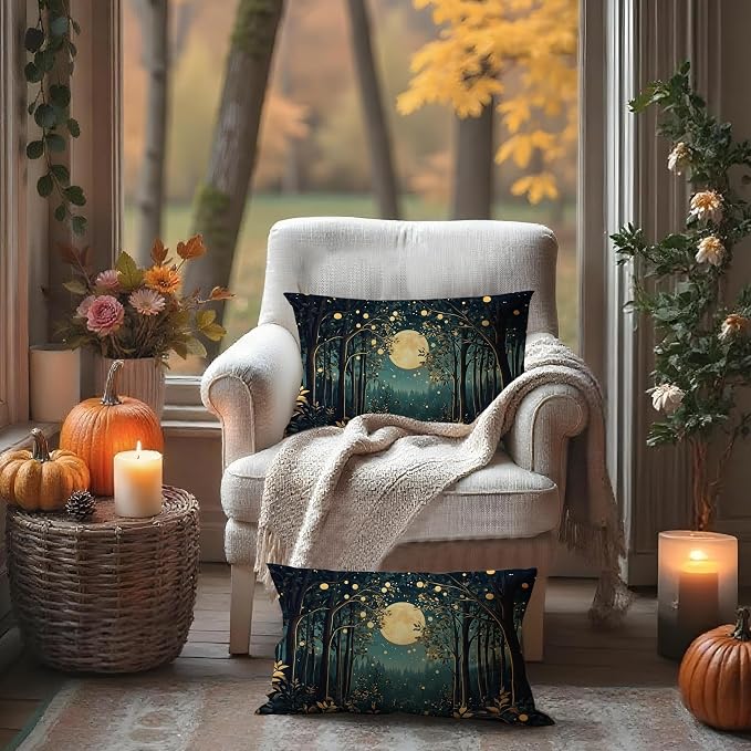 Rustic William Morris Inspired Night Moon Forest Decor Pillow Covers 20x12 Set of 2,Vintage Black and Gold Nature Landscape Botanical Decorative Throw Pillow Covers for Home Bedroom Living Room