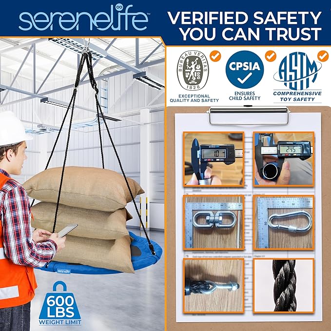 SereneLife 40" Saucer Swing - Outdoor Swing Set with Universal Hanging Kit, Swinging Seat Spinner with Pillow & Carry Bag, Weatherproof, Water-Resistant, Supports Up to 700 lbs, Blue