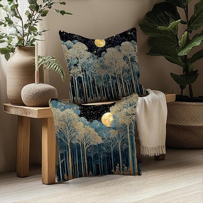 Vintage William Morris Inspired Gold Forest Moon Pillow Covers 18x18 Set of 2,Rustic Black and Gold Botanical Moon Nature Landscape Decorative Throw Pillow Covers for Home Bedroom Living Room