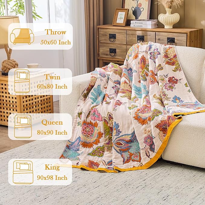 XIBLC Boho Throw Blanket 100% Cotton Vintage Blanket Muslin Woven Flower Decorative Throw Blankets All Season Bohemian Rustic Farmhouse Decor Quilt for Bed (Beige 90"x98")