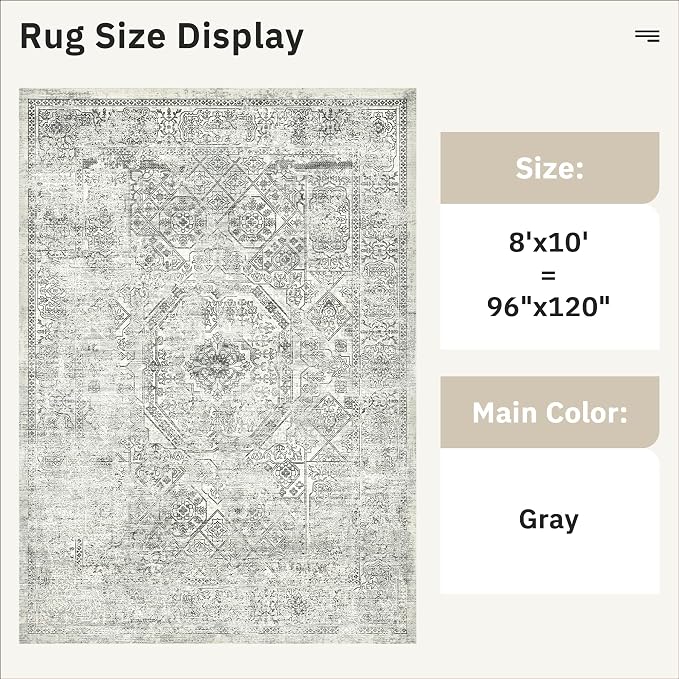Soalmost Washable Area Rug 8x10 Large Soft Living Room Rugs Light Gray | Farmhouse Vintage Carpet Non-Slip for Dining Bedroom, Stain Resistant Low Pile Foldable Thin Floor Mat Under Table Home Decor