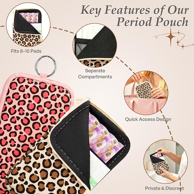 KJQJLY 2 Pack Portable Tampon Organizer Bag Tampon Holder & Storage Case with Zipper for Travel, Discreet Period Bag for Purse, Waterproof Feminine Products Pouch for Women (Leopard Print)