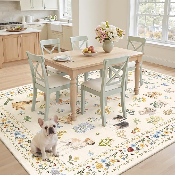 Soalmost Dog 5x7 Area Rugs for Living Room, Washable Animal Soft Rug Beige | Floral Vintage Non-Slip Low Pile Cute Throw Rugs for Kitchen Dining Room Bedroom Nursery Playroom 5' x 7'