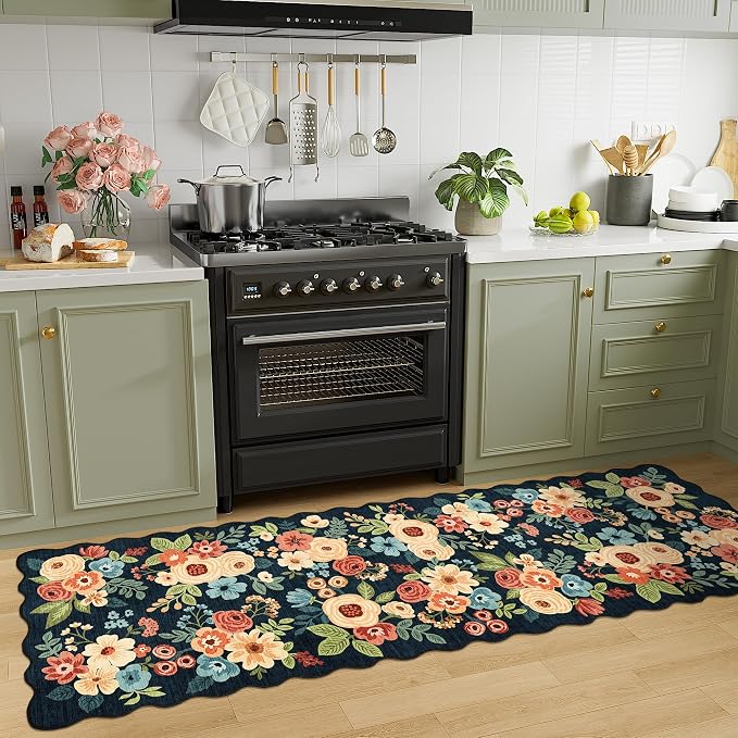 DUKINO 2.6x8 Runner Rug, Floral Washable Kitchens Rugs Non Slip, Navy Blue | Low Pile, Stain Resistant, Soft Throw Carpet Runner for Hallway, Entryway, Bedroom, Bathroom, Pet Friendly, Modern Home Decor