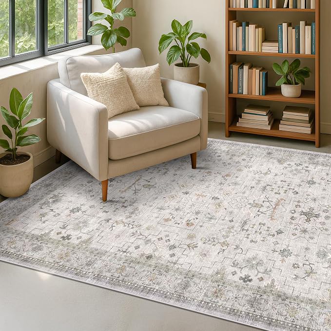 Hazo Haus Washable 5x8 Living Room Rug - Light Gray & Sage Area Rug for Nursery, Dining Under Table, Bedroom, Modern Vintage Eclectic Geometric Floral Neutral, Low Pile Stain Resistant