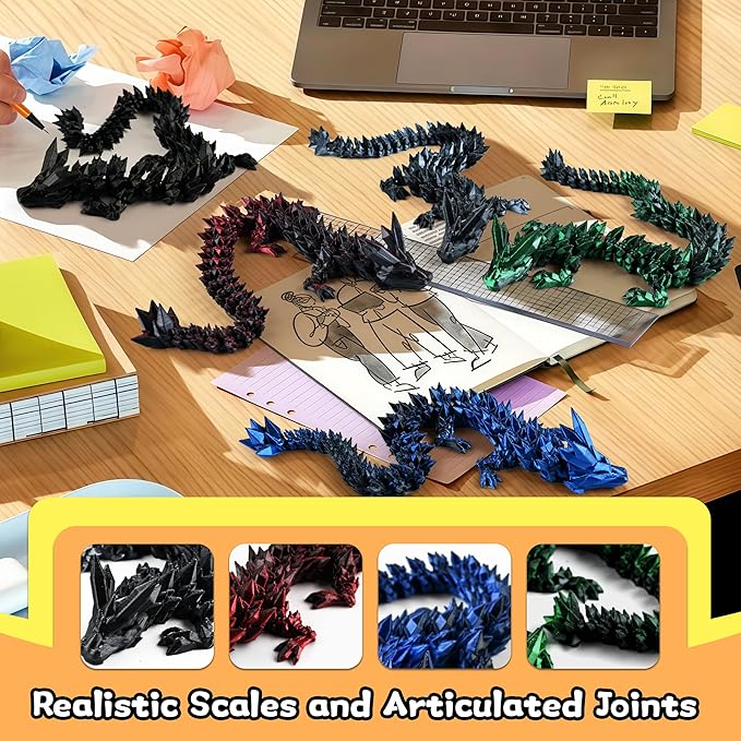 5PCS Dark Series 12" 3D Printed Dragon Set – Articulated Crystal Dragons, Cool Desk Toys for Adults & Teens, Unique 3D Printed Animals, Gothic Fantasy Decor, Novelty Gift for Men & Boys