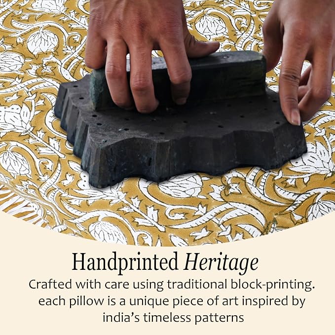 CPC Block Print Ruffle Throw Cover Mustard Regal 18"x18" Inch Pack of 2-100% Cotton Ruffle Couch Decorative Boho Pillows Case for Living Room, Bedroom, Sofa, Farmhouse Gift for Spring, Mother's Day