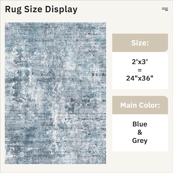 Soalmost 2x3 Abstract Washable Rugs for Entry, Kitchen Area Rug Blue/Grey | Small Non-Slip Vintage Low Pile Throw Door Mat For Bathroom Entryway Laundry, Stain Resistant Indoor Entrance Floor Carpet
