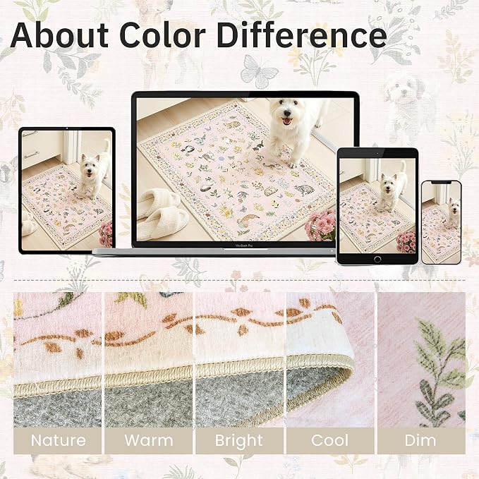 Soalmost Dog 8x10 Pink Area Rugs for Baby Girl Nursery, Washable Soft Rug | Floral Vintage Cute Animal Non-Slip Low Pile Throw Rugs for Living Room Dining Room Bedroom Playroom Classroom 8' x 10'
