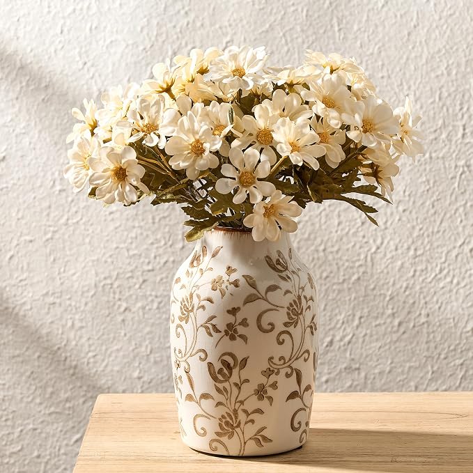SIDUCAL Ceramic Vintage Vase, 7 Inch Retro Ice Cracked Chinoiserie Floral Vase, Rustic Farmhouse Vases for Home Decor, Bookshelf, Office, Garden, Chinoiserie Decor, Tuscan Decor, Brown Floral Pattern