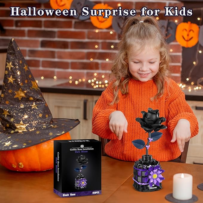 Gothic Black Roses Building Blocks Kit, Mysterious Dark Bloom with Vase Toy Building Sets for Boys Girls, 359 Pcs Artificial Flower Building Toys Halloween Decor Gifts for Kids Adults