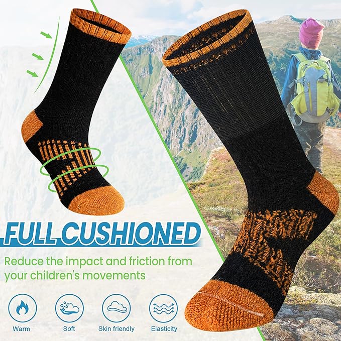 WEVIAS Kids Merino Wool Hiking Socks Boys Thermal Winter Cozy Boot Warm Cushion Socks 6 Pairs