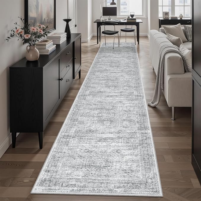 Soalmost Runner Rug 2x10 Washable Non-Slip Hallway Kitchen Runners Grey | Stain Resistant Vintage Rugs for Bathroom Laundry Room, Low Pile Foldable Floor Carpet Mat for Entryway Corridor Bedroom