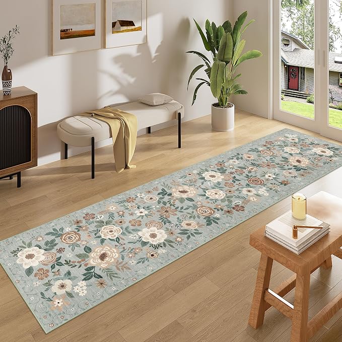DUKINO 2x10 Runner Rug, Washable Kitchen Runner Rug Non Slip, Sage Green | Soft, Low Pile, Stain Resistant Indoor Rug Runner for Hallway, Entryway, Bedroom, Bathroom, Laundry, Pet Friendly, Home Decor
