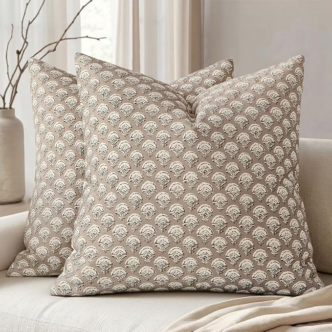 MIULEE Floral Print Decorative Euro Pillow Covers 26x26, Light Taupe | Vintage Boho Farmhouse Modern Home Decor, Set of 2, Block Print Cushion Covers for Couch Sofa Bed Living Room