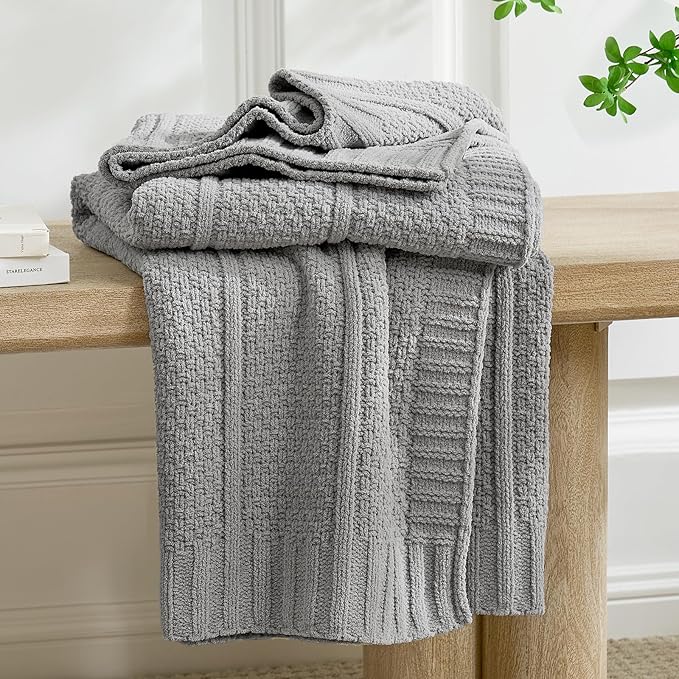 Amélie Home Premium Chenille Throw Blanket, Soft Cozy Moss Stitch Knit Blanket for Couch, Sofa, Chair, Home Decor, Grey 50"x60"