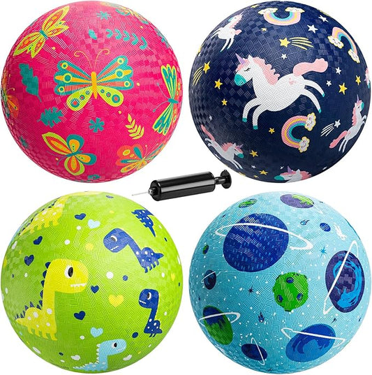 ZOOJOY Pack of 4 Cartoon Playground Balls, 8.5" Rubber Bouncy Kickball Set, Indoor & Outdoor Dodgeball Kickball Balls for Toddler 3-12, School Games Toys for Boys and Girls with Pumps and Boxes
