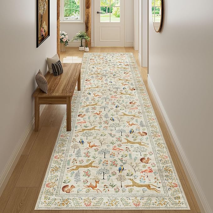 DUKINO 3x12 Runner Rug for Hallway, Washable Animal Rug for Kitchen, Beige | Non Slip, Low Pile, Soft Indoor Long Carpet for Entryway, Bedroom, Bathroom, Laundry, Ultra-Thin Pet Friendly, Non-Shedding
